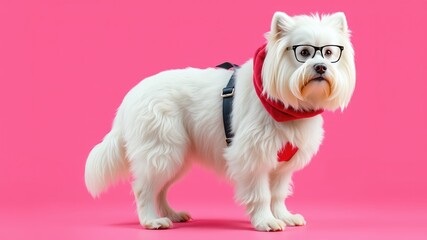 Dog images, white dog images, A white dog with glasses on his eyes and a scarf tied around his neck, a white dog on a white isolated