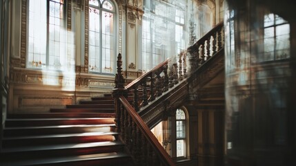 A beautifully lit vintage wooden staircase in an old mansion with ornate decorations and stained glass windows, exuding historical charm.