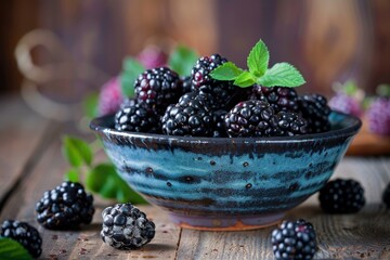 Sticker - Fresh blackberries spilling from a rustic blue bowl, accented with mint sprigs on a weathered wooden table