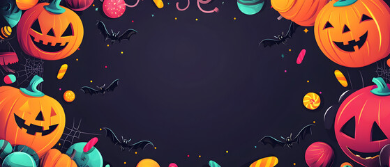 A vector illustration flat color of Child's Halloween style wallpaper, dark gray background with decoration and large blank space in the center for text