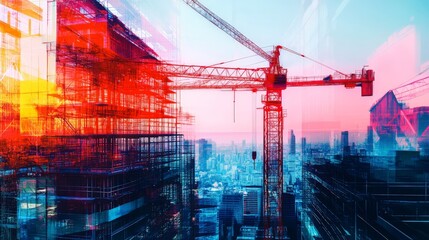 A vibrant urban construction site with cranes under the colorful twilight sky, symbolizing modern architecture and city development.