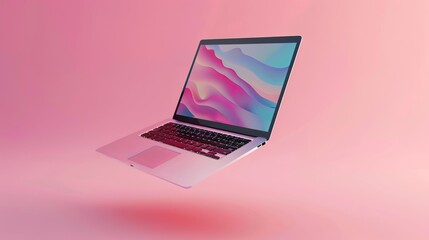 Wall Mural - 3d rendering of a levitating laptop mockup with colorful background, floating notebook device in mod