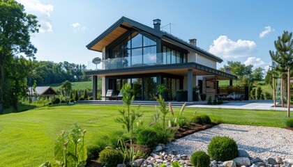 Wall Mural - This charming modern countryside home features large windows and is surrounded by lush greenery, offering a serene and refreshing living environment under a sunny sky.