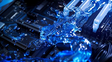 Wall Mural - high-tech computer case with advanced water cooling system and liquid explosion effect in abstract b