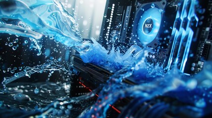 Wall Mural - high-tech computer case with advanced water cooling system and liquid explosion effect in abstract b