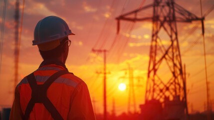 An Engineer wearing safety uniform and helmet working at High-voltage tower.