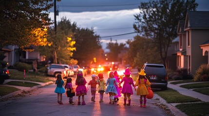 Spooky Fun: Kids in Colorful Halloween Costumes Trick-or-Treating in Suburban Twilight