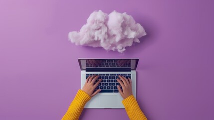 Top view of hands typing on laptop keyboard with futuristic cloud technology icons and digital data network on a purple background, ideal for cloud computing, data storage, and remote work concepts