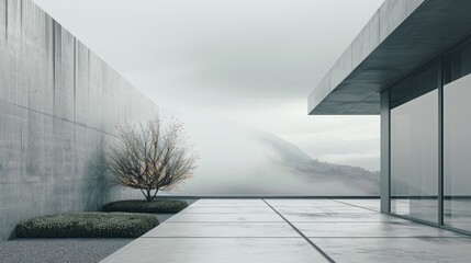 Sticker - A minimalist terrace featuring a single tree, concrete walls, and a foggy background, creating a calm and serene environment.