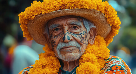 Wall Mural - An elderly Mexican man with gray hair and facial tattoos, wearing traditional attire of vibrant colors like a blue or yellow shirt