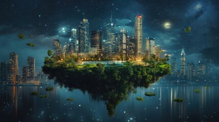 Fantasy island floating in the air with modern city skyline and lake garden, Night scene .