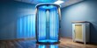 © Adisorn - Modern vertical turbo solarium light machine with glowing blue ultraviolet lamps for tanning and skin care stands in an empty room with open door.