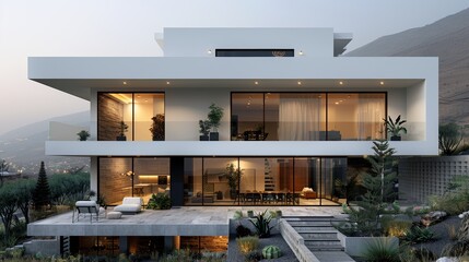 Poster - A minimalistic house featuring expansive windows and spacious terraces is shown against a scenic mountainous backdrop during dusk, highlighting a modern lifestyle.