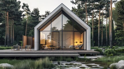 Poster - The image features an elegant, modern A-frame house located in a lush forest environment, equipped with large glass windows and an expansive wooden deck, highlighting a contemporary escape.