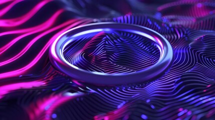 Wall Mural - abstract minimalist iridescent purple ring on wavy trail with soft glowing effect, modern futuristic