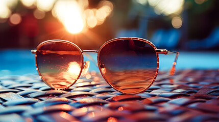 Sunglasses on a table. A pair of fashionable sunglasses lying on a table, ready for sunny days.