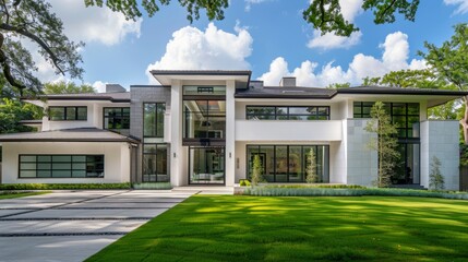 Wall Mural - A stunning, modern mansion featuring expansive windows, pristine landscaping, and a distinctive contemporary design that emphasizes luxury and space.