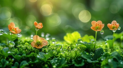 Wall Mural - A close-up view of delicate flowers blooming in a lush green forest.