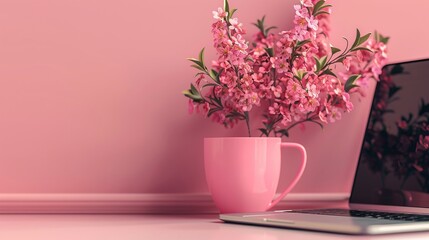 Azalea flowers in decorative pot with pink cup and laptop on stylish desk - elegant workspace setup with fresh blooms, perfect for home office or blogging templates