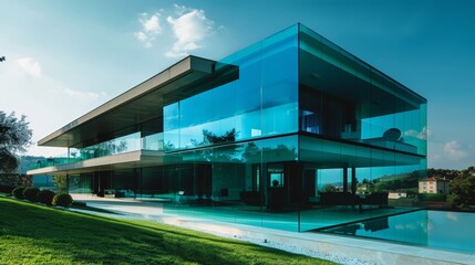 Sticker - This cutting-edge glass house features cantilevered sections and a sleek, minimalist design, set against a sunny backdrop, embodying modern architectural elegance.