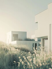 Wall Mural - Modern, minimalist white houses with clean lines and geometric shapes surrounded by grass, bathed in soft sunlight.