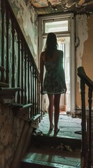 Canvas Print - Woman Standing on a Decaying Staircase in an Abandoned House