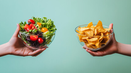 Healthy Salad vs Crispy Chips in Glass Bowls