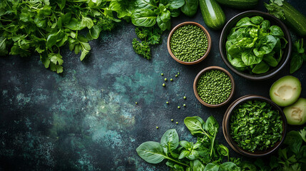 An overhead shot of various fresh green vegetables, including bowls of peas and leafy greens on a rustic green table.