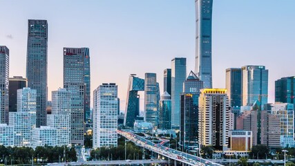 Wall Mural - Day to Night Timelapse of Traffic at Guomao CBD and Guomao overpass in Beijing, China