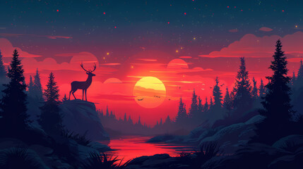 Canvas Print - Illustration of a deer at sunset