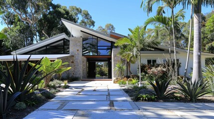 Sticker - A stunning contemporary house with a distinctive roof design, lush landscaping, and large windows offering a beautiful view of the surrounding foliage.