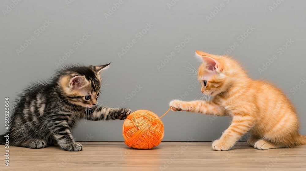 Two kittens playing with a ball of yarn on a wooden floor, natural ...