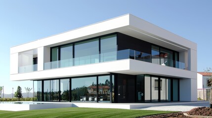 This contemporary cubic house features large glass windows and is set against a clear blue sky with a lush green lawn in front.