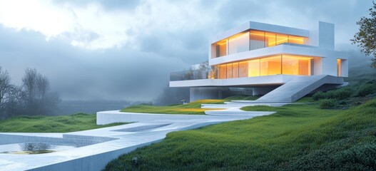 A futuristic white house featuring extensive glass walls, set within a misty outdoor landscape, complete with a serene pond and modern design.