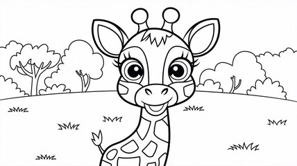 Wall Mural - Children's coloring book page with cute giraffe, simple black lines, high quality black and white image