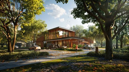 Poster - A striking contemporary house nestled in a lush forest, with large windows and outdoor seating, blending modernity with nature.