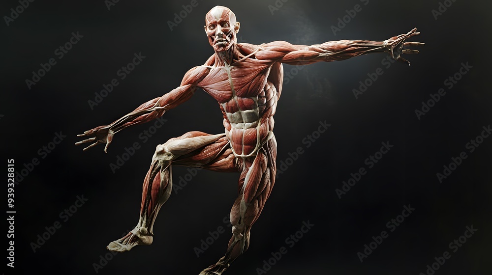 Muscular System with Skin Transparencies: A semi-transparent view of the human body, showing the muscular system beneath the skin for a detailed anatomical study.
