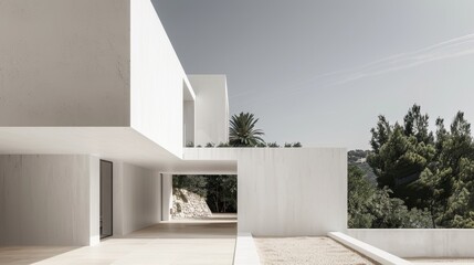 This minimalistic, modern architectural white building features clean lines and is set against a clear sky with trees in the background.