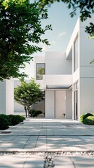 Wall Mural - A modern minimalist house exterior, featuring clean lines, large windows, and surrounded by lush greenery, creating a serene atmosphere.