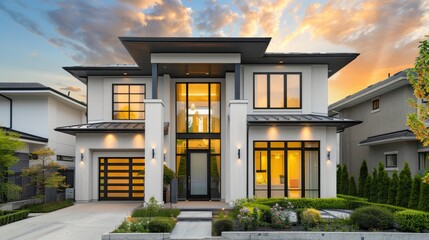 Poster - A stunning two-story home with large windows, modern design elements, and a warm sunset in the background, epitomizing contemporary elegance.