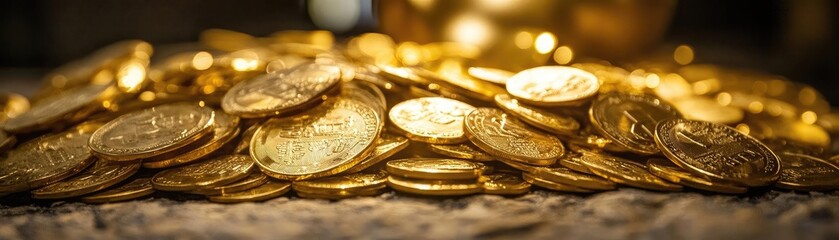 Wall Mural - A close-up view of shiny gold coins stacked together, symbolizing wealth and prosperity in financial contexts.