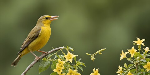  a bird perched on a flowering branch. Sublime and touching scene, representing the wonders of nature.