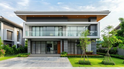 Poster - A contemporary two-story house featuring expansive glass windows, a well-manicured front yard, and sleek architectural design.