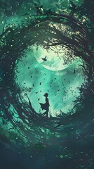 Poster - Silhouette of a Woman in a Dreamy Forest Landscape