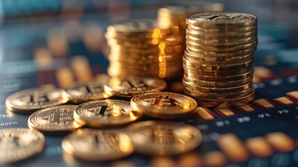 Poster - Investment concept with a stack of gold coins, and percentage symbol, set against a backdrop of detailed financial charts. Generative AI.