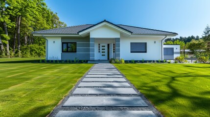 Sticker - Image depicts a one-story contemporary house with a large driveway and well-manicured lawn, surrounded by trees beneath a clear sky.