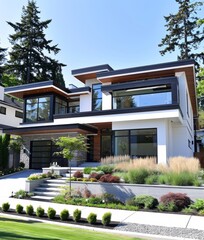 Poster - This image displays the exterior of a contemporary house with large windows and clean lines, complemented by meticulously designed landscaping.