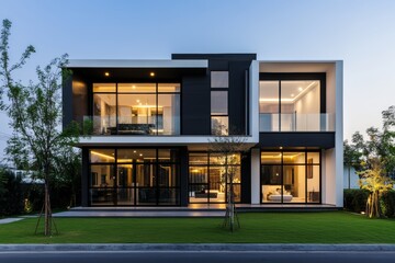 Poster - A stylish modern two-story house featuring large windows, a well-maintained lawn, and elegant lighting at dusk, showcasing contemporary architecture.