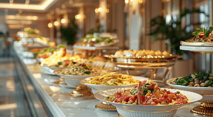 Poster - An elegant buffet setup with modern interior design. The buffet features a lavish spread of food including salads and desserts, arranged in golden and white ceramic serving dishes. Generative AI.