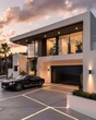 © qorqudlu - A striking modern luxury house featuring sleek architectural lines, expansive windows, and premium finishings, bathed in the warm light of a beautiful sunset.